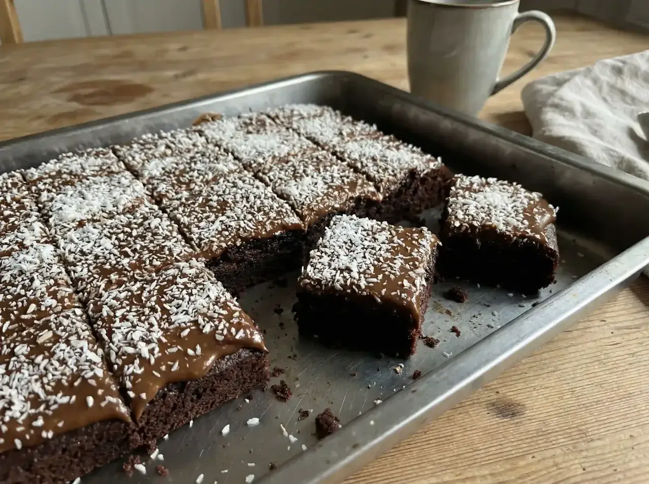 En kladdkaka med glasyr och kokosflingor skuren i bitar i en plåt. En mugg kaffe står bredvid.
