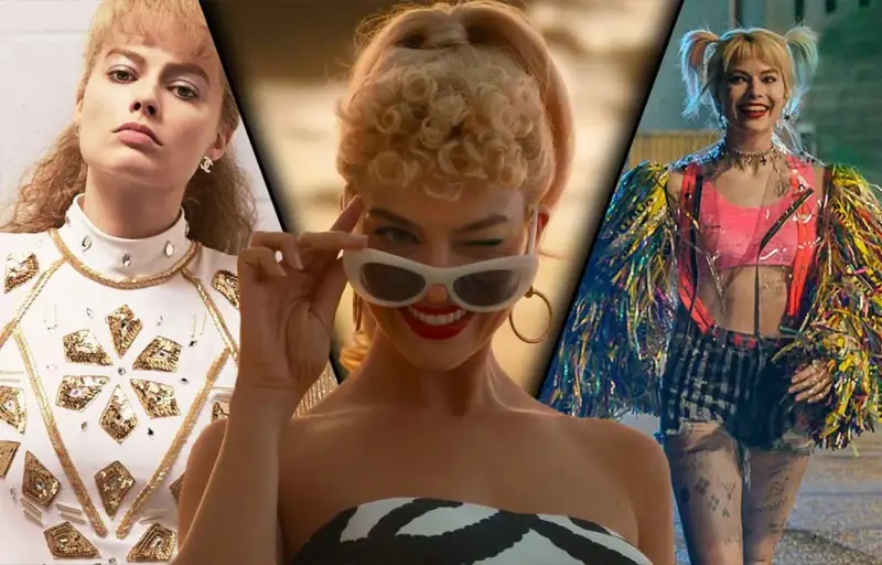 Margot Robbie i tre olika roller: som Barbie, som Harley Quinn och i en glittrig outfit. Filmer med Margot Robbie.